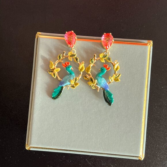 Peacock and Faceted Glass Pear Post Earrings - Picture 3 of 6